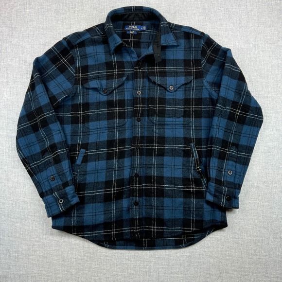 Polo Ralph Lauren Indigo Wool Plaid Shirt Jacket Men M Blue Black Cabin Lodge